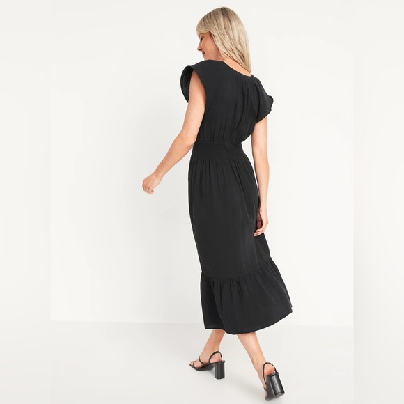 NWT! Black Waist-Defined Flutter-Sleeve Smocked Midi Dress for Women -Multiple - Picture 2 of 4